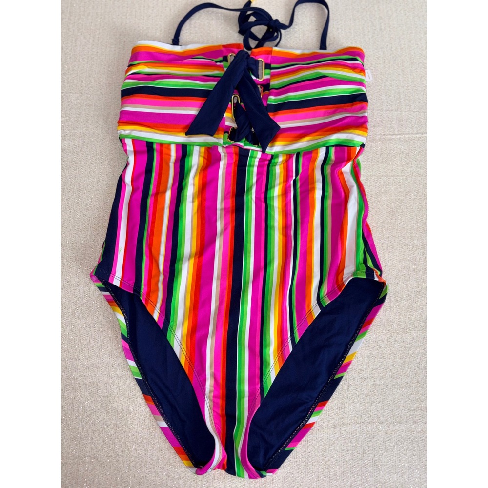Trina‎ Turk One Piece Swimsuit 12 Multicolor New Striped Halter Tie Front Gold